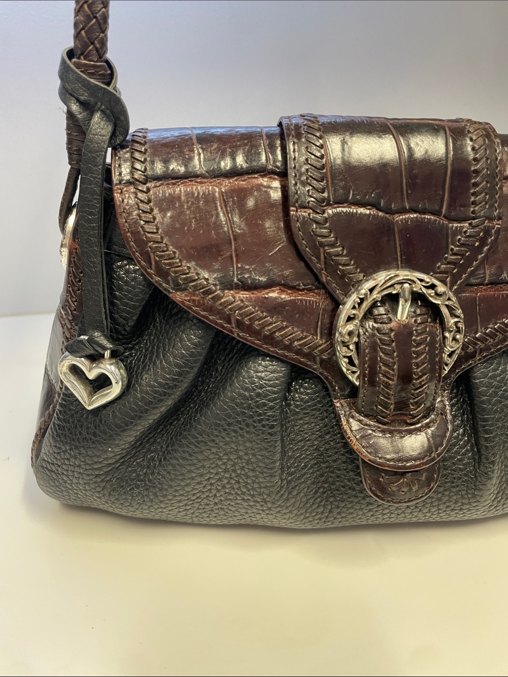 BRIGHTON Vintage Brown and Black Croc-Accent Shoulder Bag - Picture 3 of 12